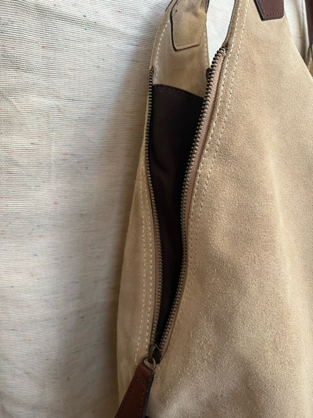NARDELLI Neutral Suede Hobo Bag with Brown Leather Handles - Picture 4 of 16